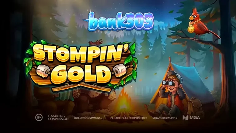 Tampilan layar permainan slot Stompin' Gold dengan karakter Bigfoot yang lucu di hutan berkabut.